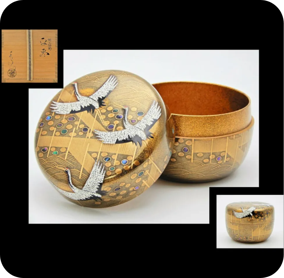 輪島塗　茶平一斎作　螺鈿蒔絵内梨子地湖水飛鶴　平棗